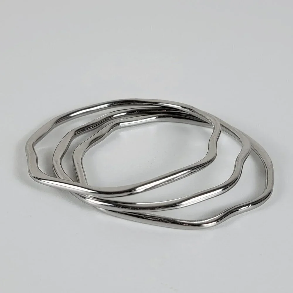 Silver Plated Bangle Bracelets 8 Inch Asymmetric Stackable Set Of 3